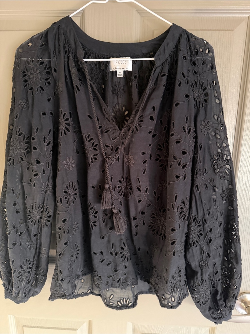 Johnny Was Black Eyelet Boho Blouse with Tassel Ties